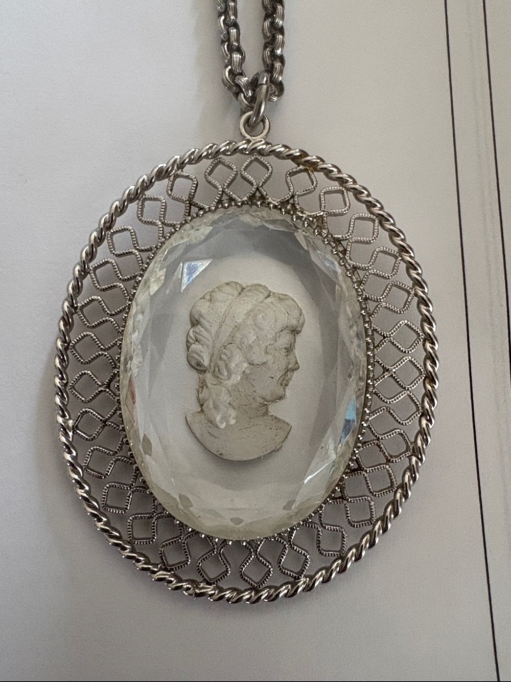 Whiting & Davis Silver-Tone Cameo Pendant Necklace
